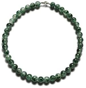 Natural Green Moss Agate Necklace — 10 mm Round Beads, 925 Silver Carabiner, 43 cm