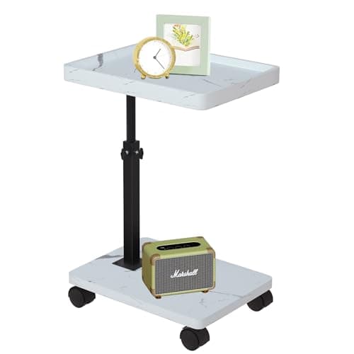 ESTUWD C-shaped Adjustable Side Table with Wheels, 45–80 cm, Walnut Finish (White)