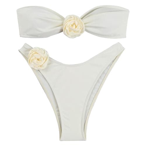 Strapless Bandeau Bikini Set with Floral Decoration — White, L