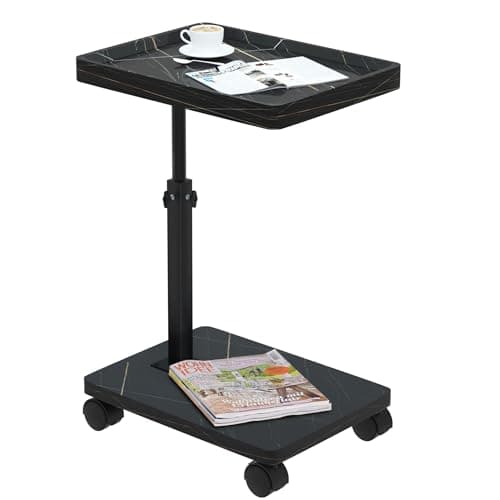 ESTUWD Sidobord med hjul | Sidobord justerbar höjd (45–80 cm) | Sidobord i trä med c-form har 360° roterande valnöt finish | Litet soffbord för vardagsrum soffa (svart)