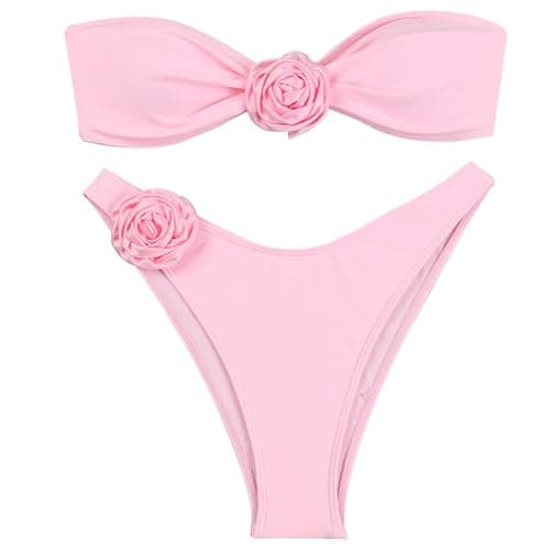 Women’s Strapless Floral Bandeau Bikini Set, Tie-Top, Pink, L