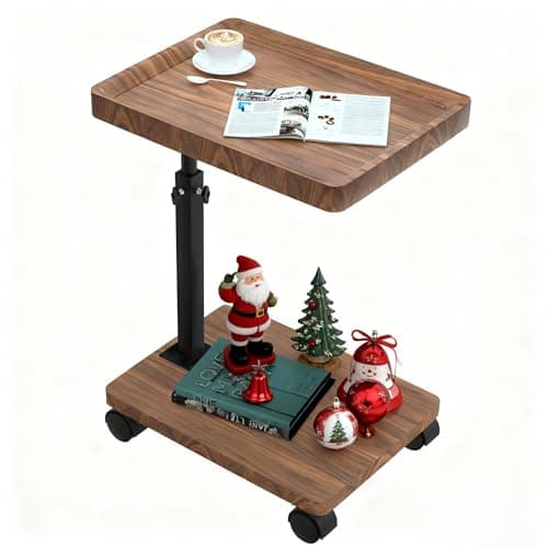 ESTUWD Adjustable C-Shaped Walnut Side Table with Wheels (45–80 cm)