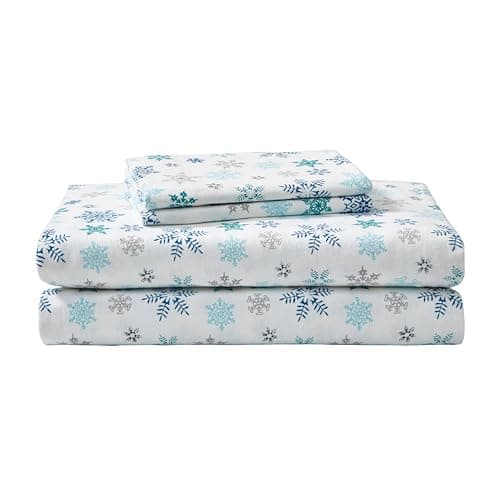 Eddie Bauer Brushed Cotton Twin Sheet Set – Tossed Snowflake, Breathable, Deep Pockets, Oeko‑Tex