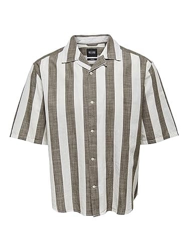 Only & Sons Men’s Short-Sleeve Slub Stripe Cotton Shirt, Teak, S