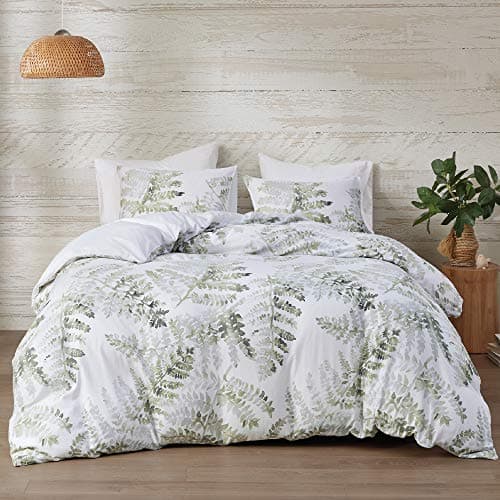 Reversible 100% Cotton Sateen Duvet Cover Set — Breathable All-Season 264×228, Judith Palm Leaf Green/Chalk