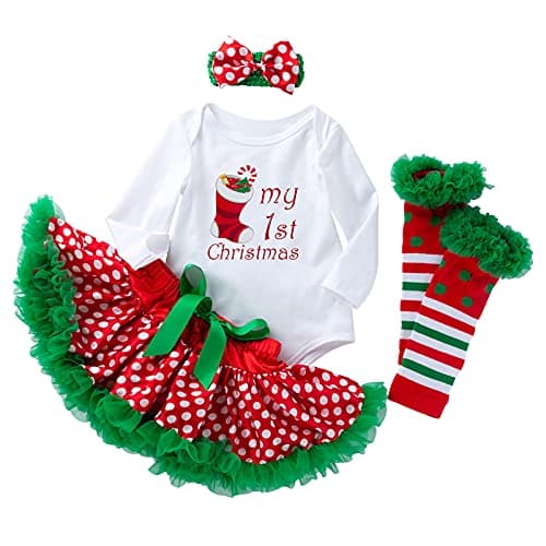 Newborn Baby Girls Christmas Tutu Romper Outfit with Headband, Leg Warmers & Shoes — Green 1-2